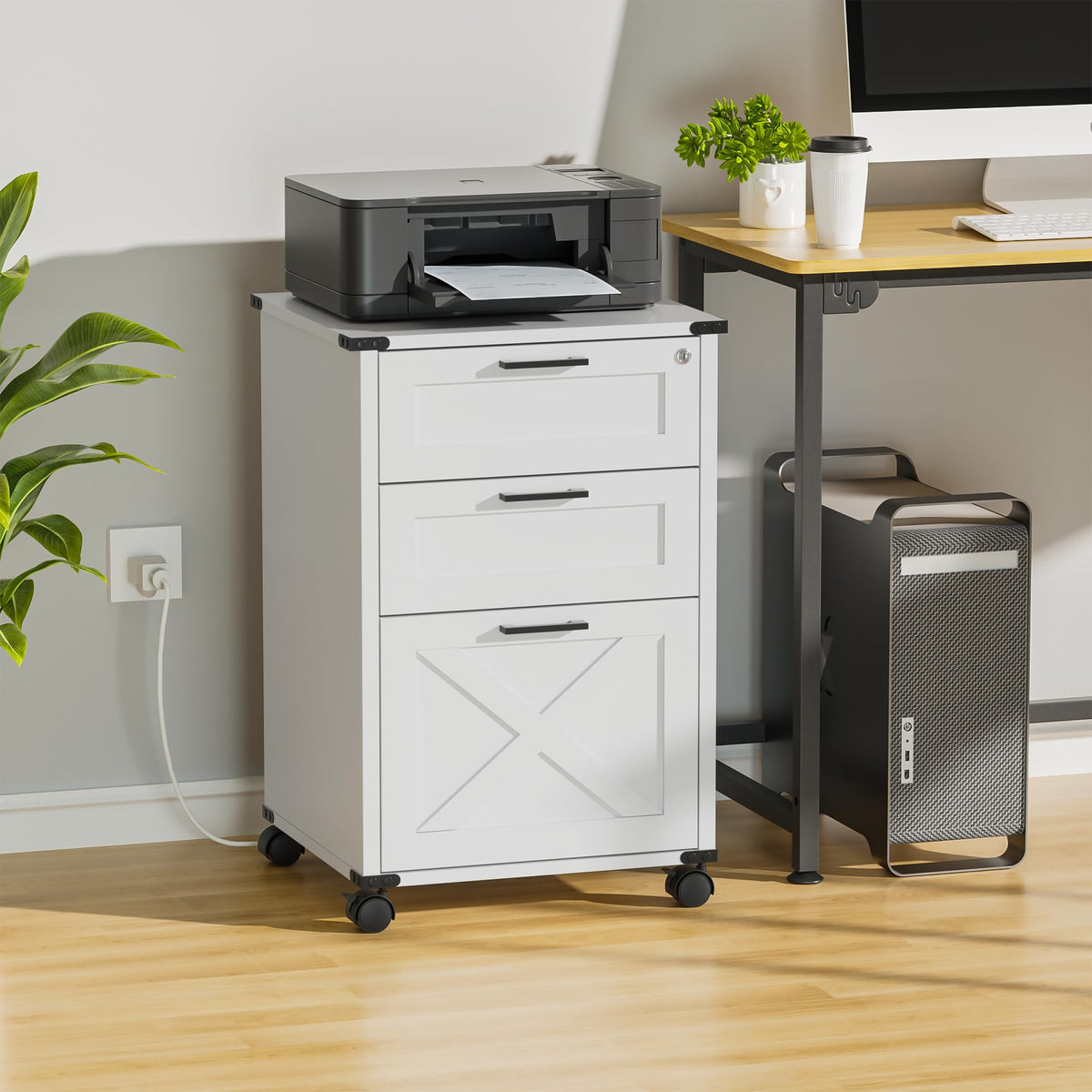 Small Wood File Cabinet with Charging Station and Lock, 3 Drawers R71530