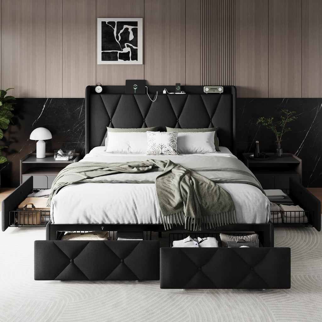 Queen Bed Frame with 4 Storage Drawers and Charging Station N51051