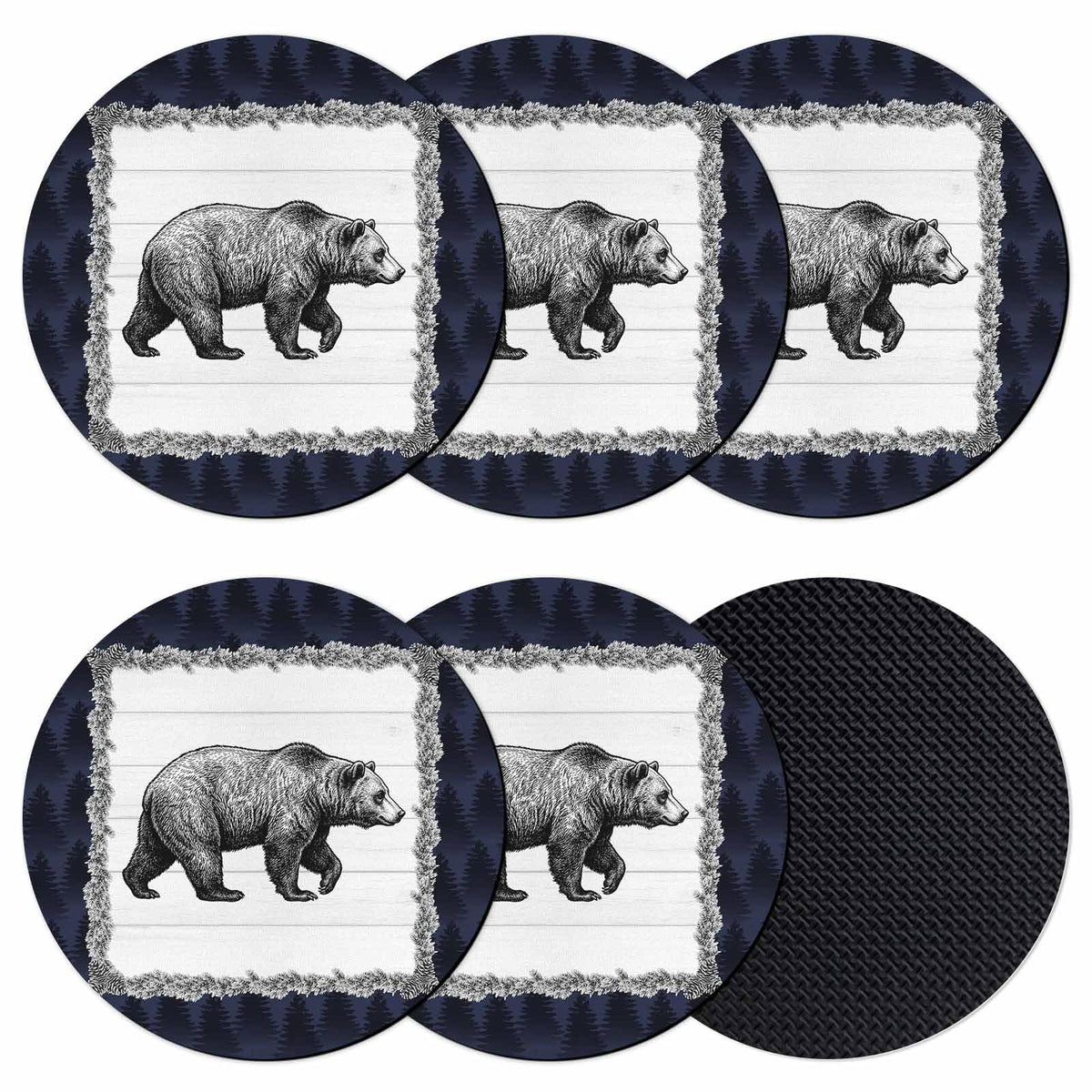 Black White Bear Round Absorbent Coasters Set of 6 D460499