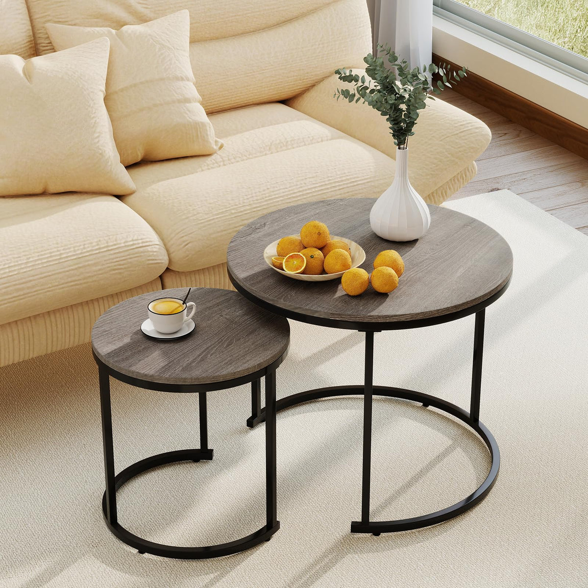 Round Nesting Coffee Table Set of 2 Grey Oak R83526