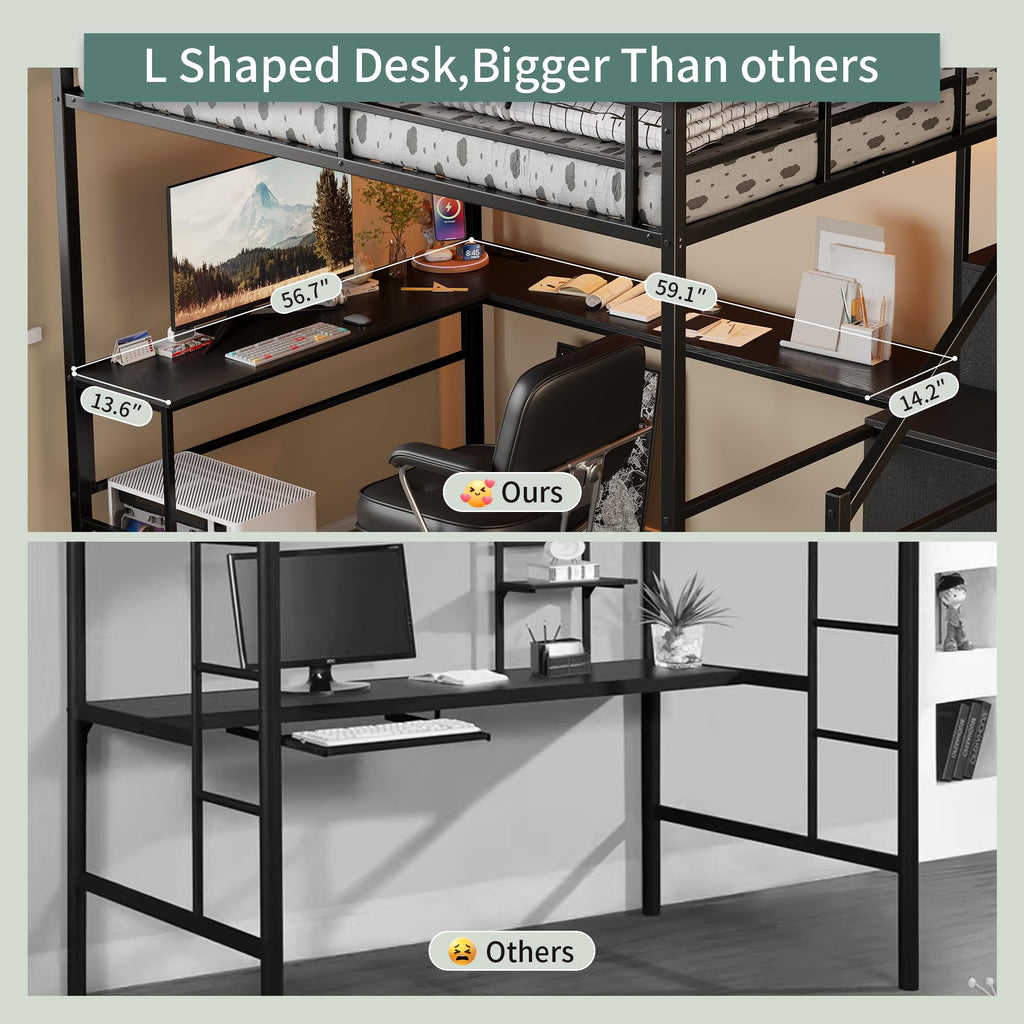 Full Size Metal Loft Bed with Desk & Storage Staircase S253