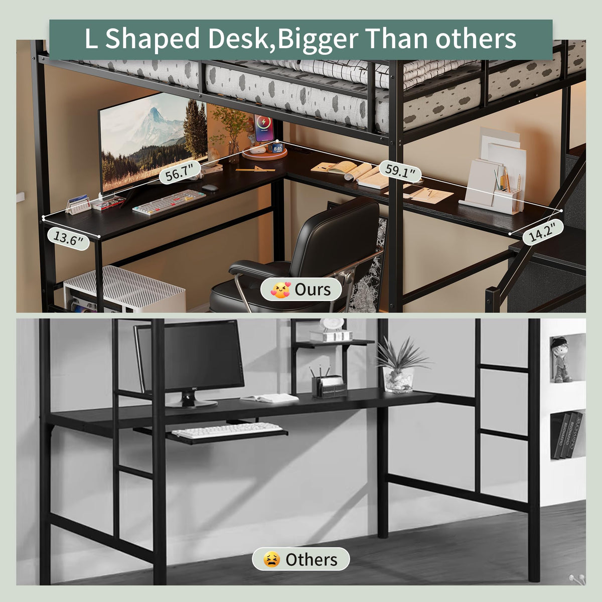 Full Size Metal Loft Bed with Desk & Storage Staircase S253