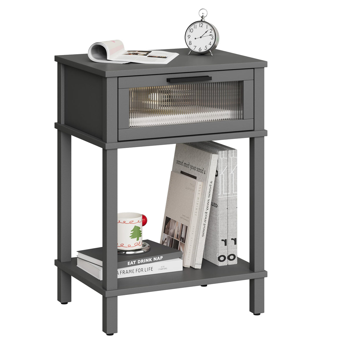 Grey Wooden Nightstand with Drawer and Storage Shelf Z3860