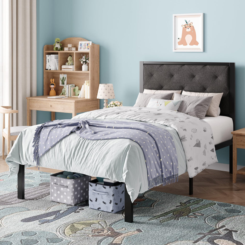 Twin Size Metal Bed Frame with Linen Tufted Headboard D4971