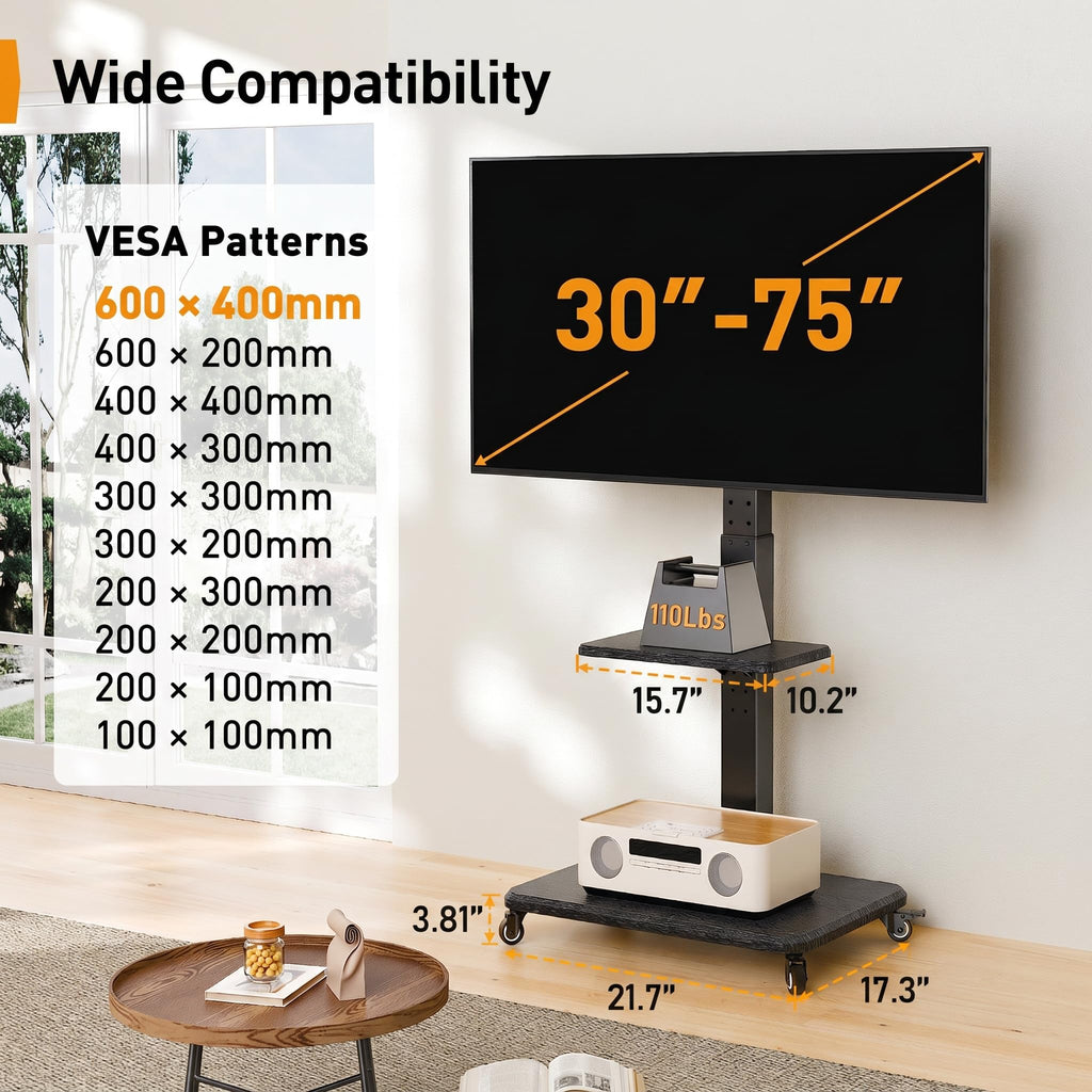 Rolling TV Stand with Wheels for 30-75 Inch TVs N925