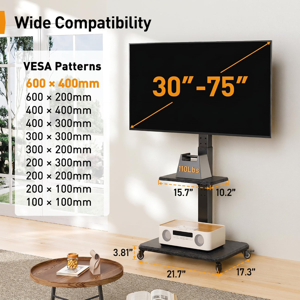 Rolling TV Stand with Wheels for 30-75 Inch TVs N925