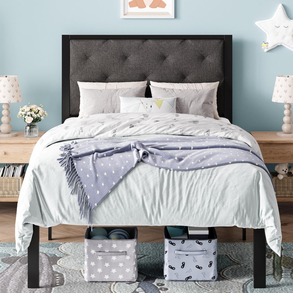 Twin Size Metal Bed Frame with Linen Tufted Headboard D4971