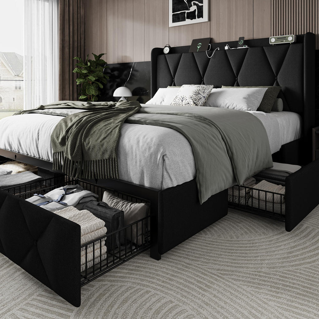 Queen Bed Frame with 4 Storage Drawers and Charging Station N51051