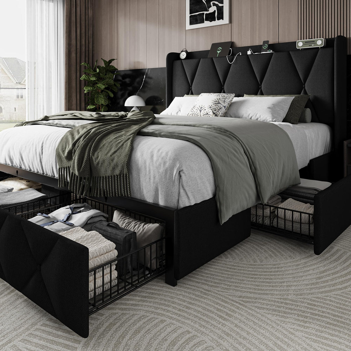 Queen Bed Frame with 4 Storage Drawers and Charging Station N51051