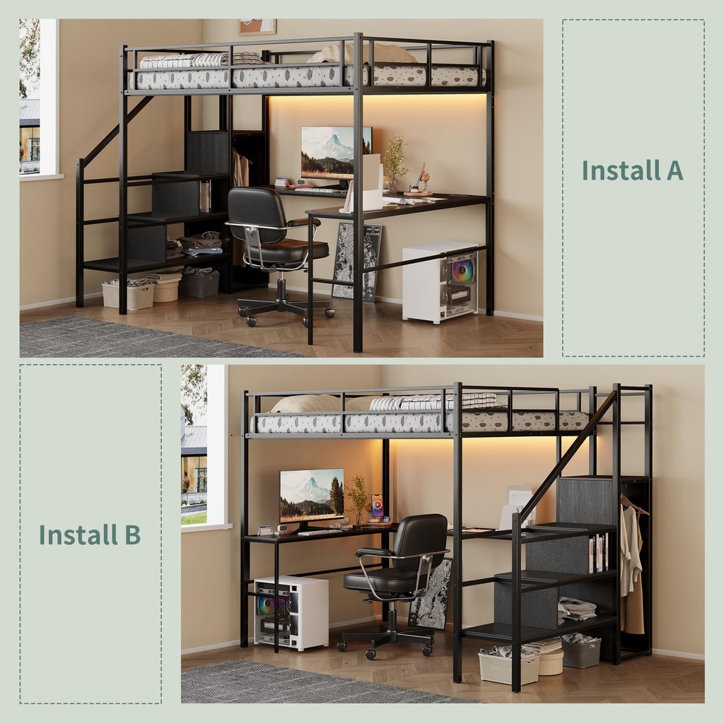 Full Size Metal Loft Bed with Desk & Storage Staircase S253