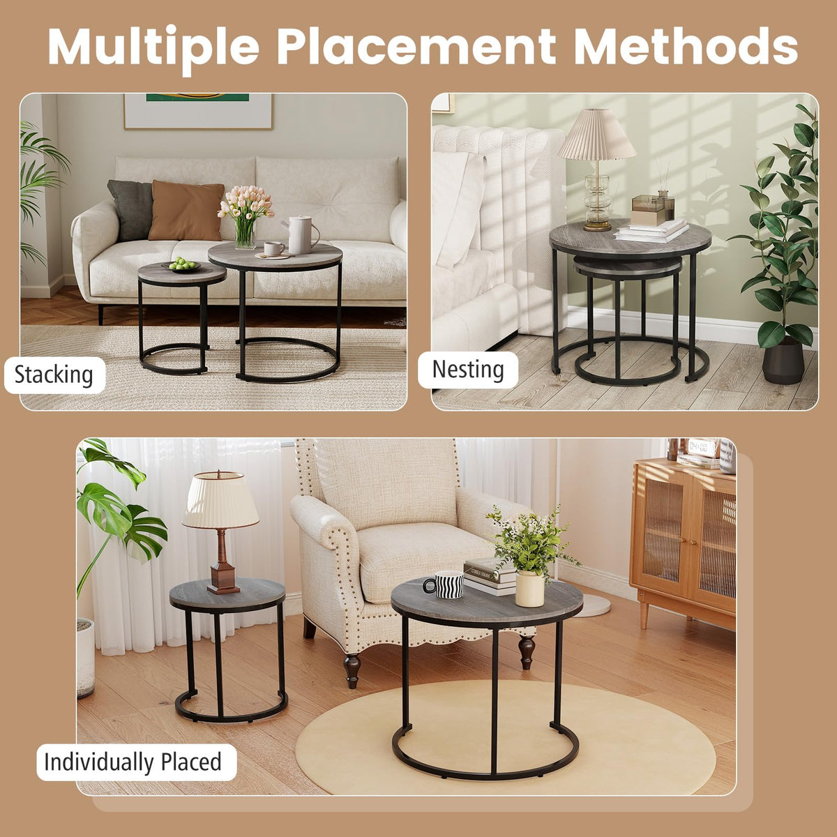 Round Nesting Coffee Table Set of 2 Grey Oak R83526