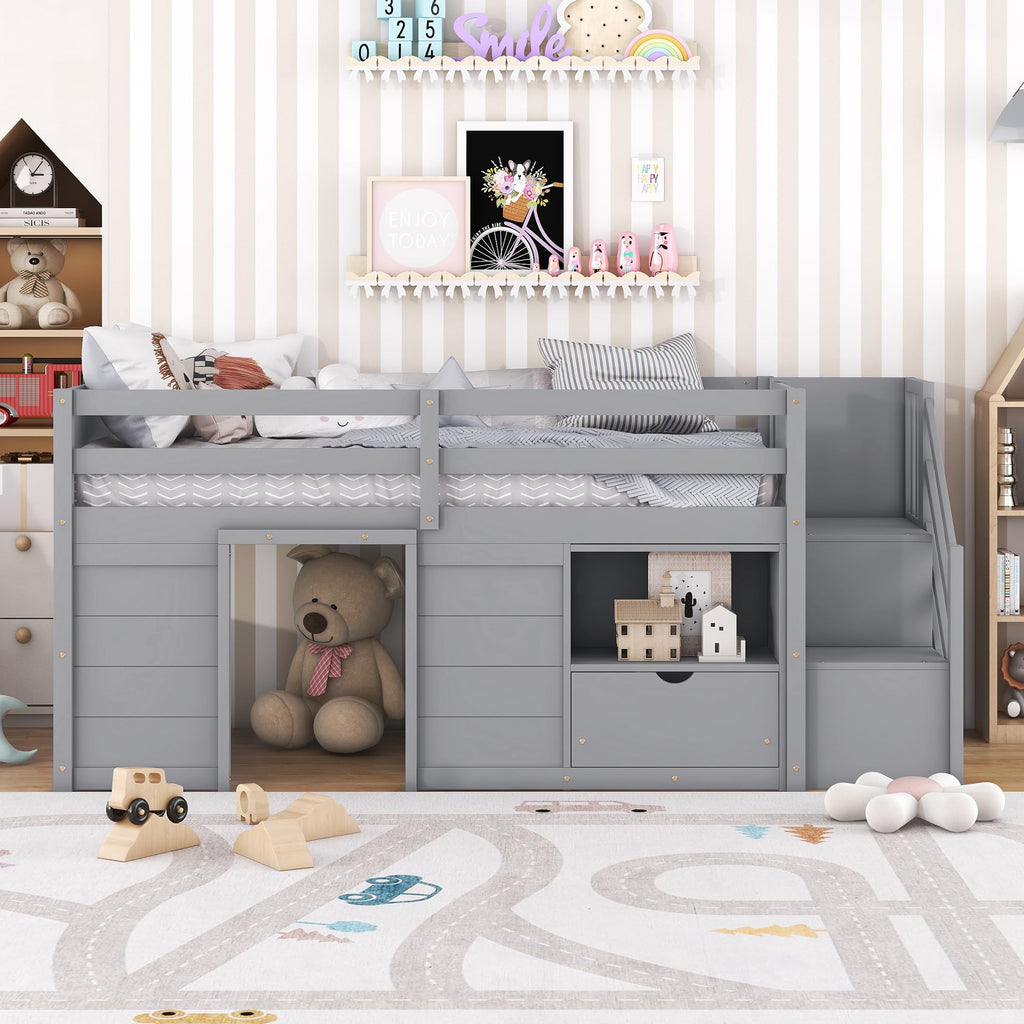Twin Size Wood Loft Bed with Storage V886