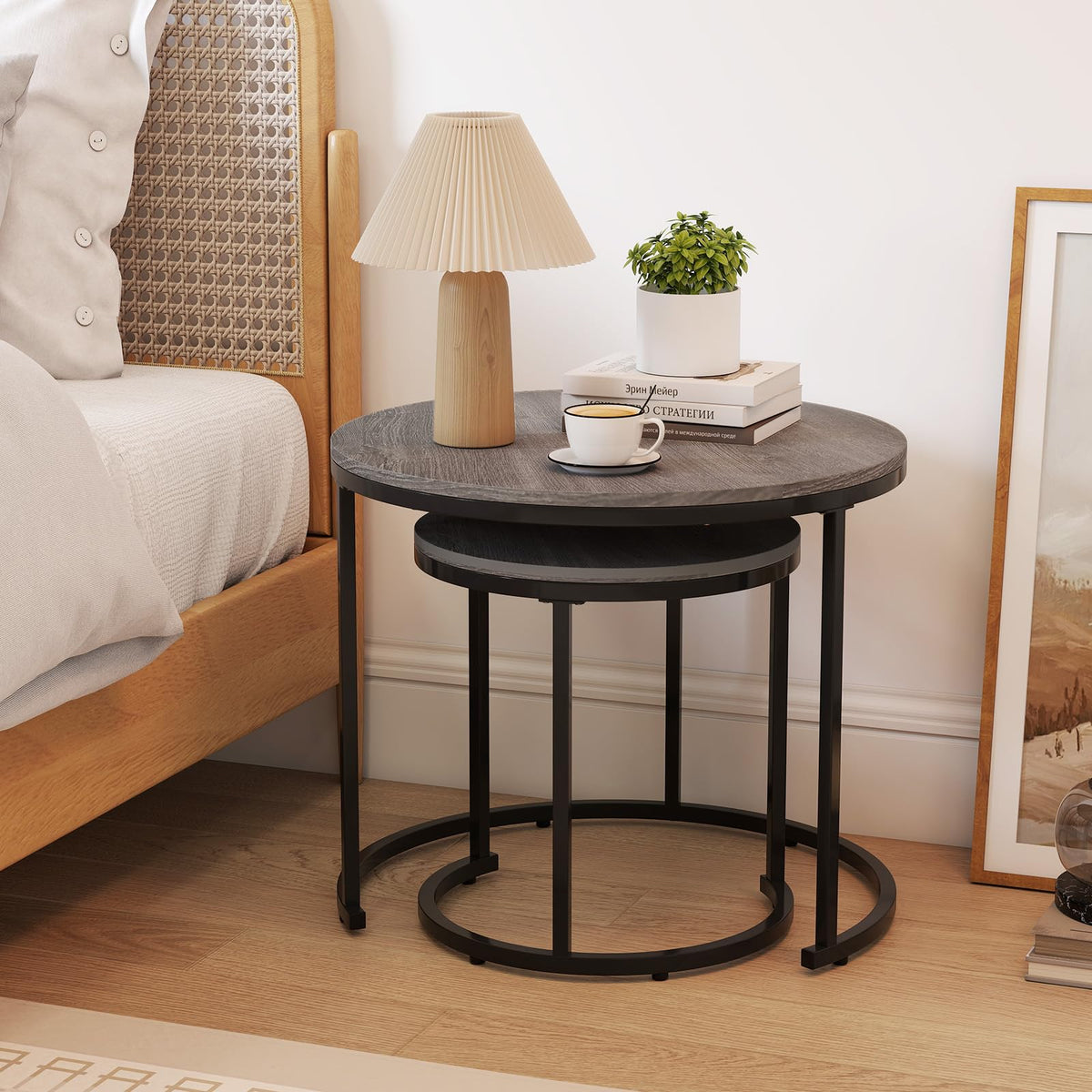 Round Nesting Coffee Table Set of 2 Grey Oak R83526