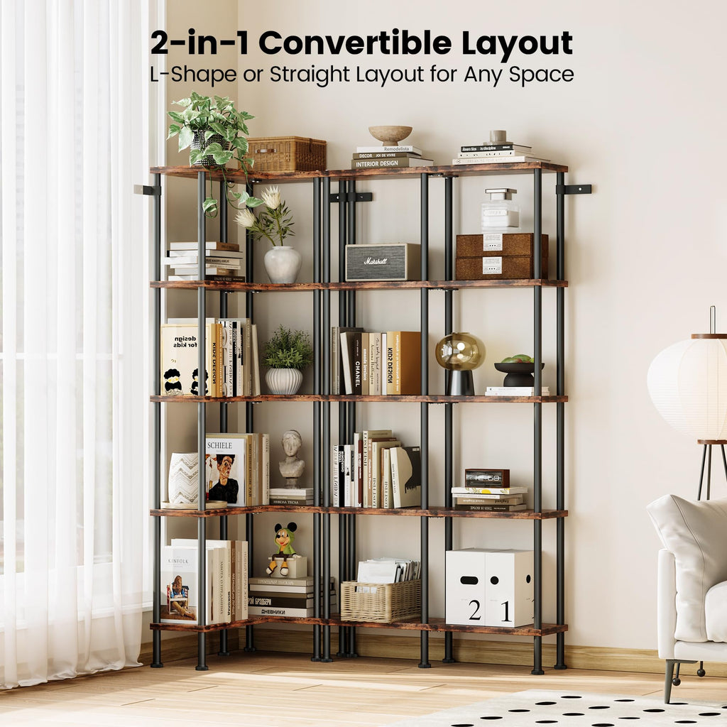 L-Shaped 5-Tier Rustic Brown Bookshelf R16497