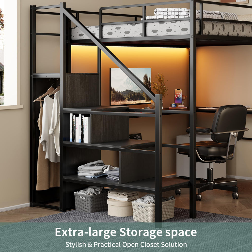 Full Size Metal Loft Bed with Desk & Storage Staircase S253
