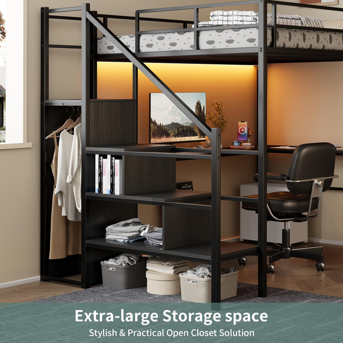Full Size Metal Loft Bed with Desk & Storage Staircase S253