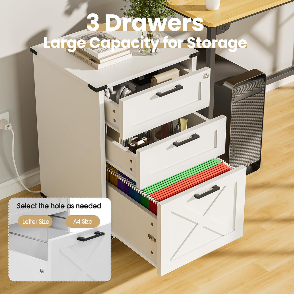 Small Wood File Cabinet with Charging Station and Lock, 3 Drawers R71530