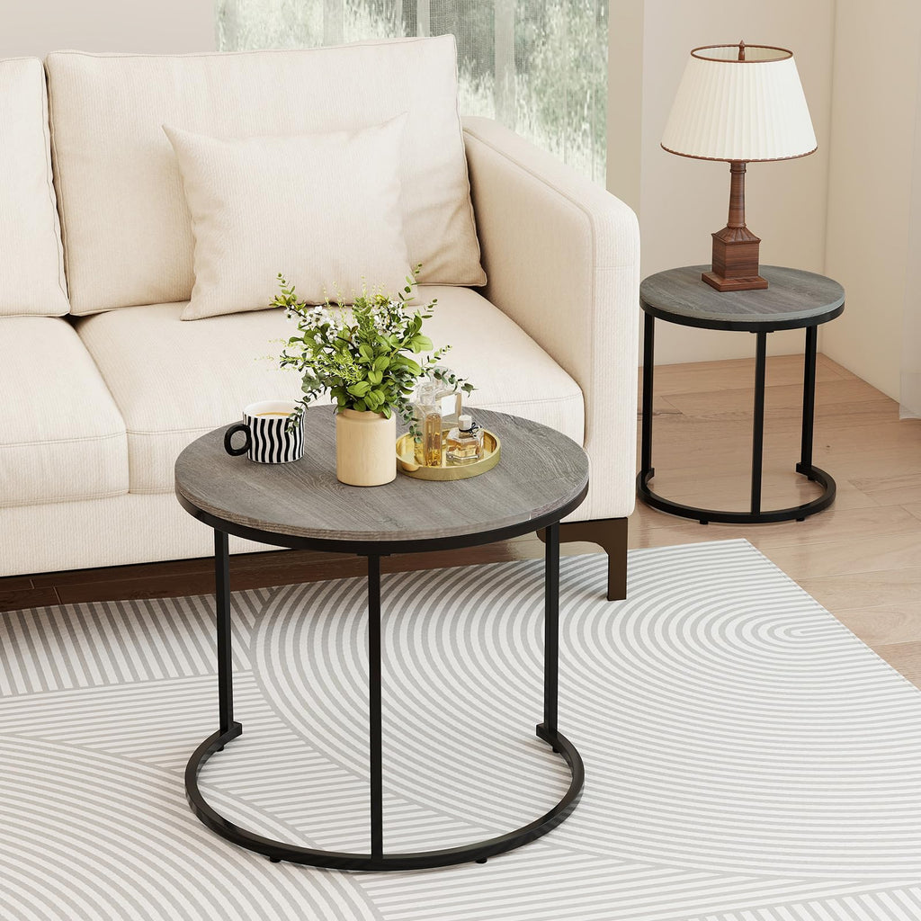 Round Nesting Coffee Table Set of 2 Grey Oak R83526