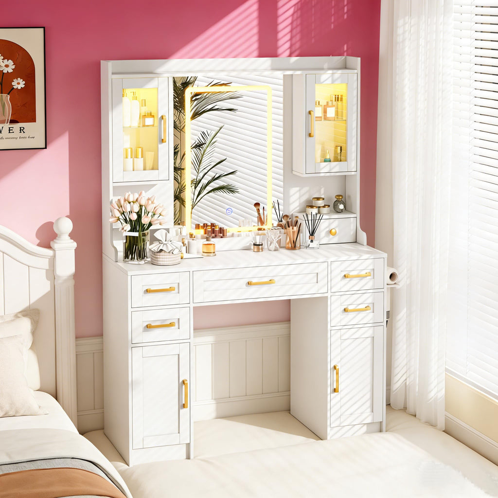 White Vanity Desk with Mirror, LED Lights and Power Outlet Y190405