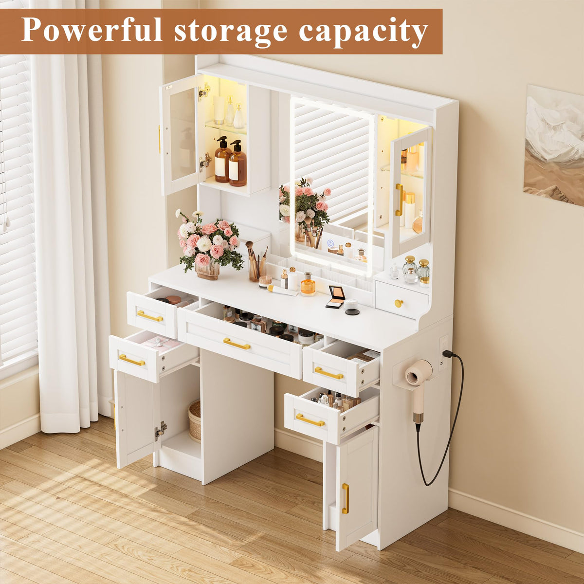 White Vanity Desk with Mirror, LED Lights and Power Outlet Y190405