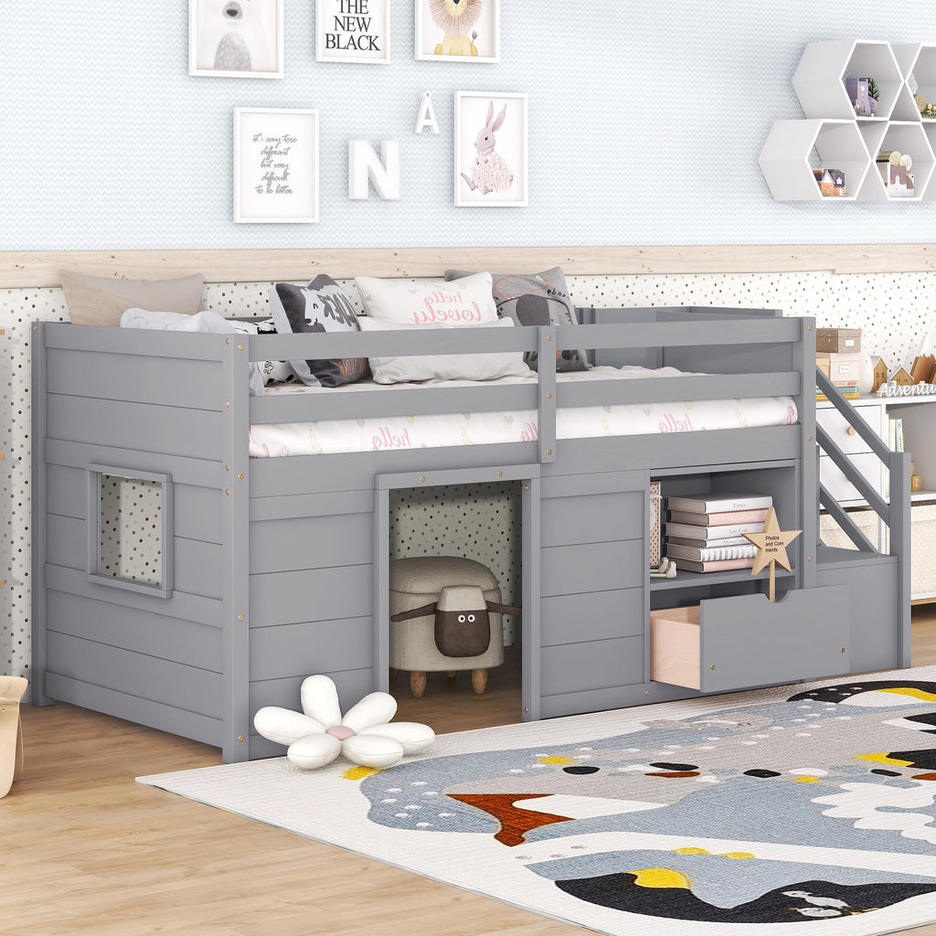 Twin Size Wood Loft Bed with Storage V886
