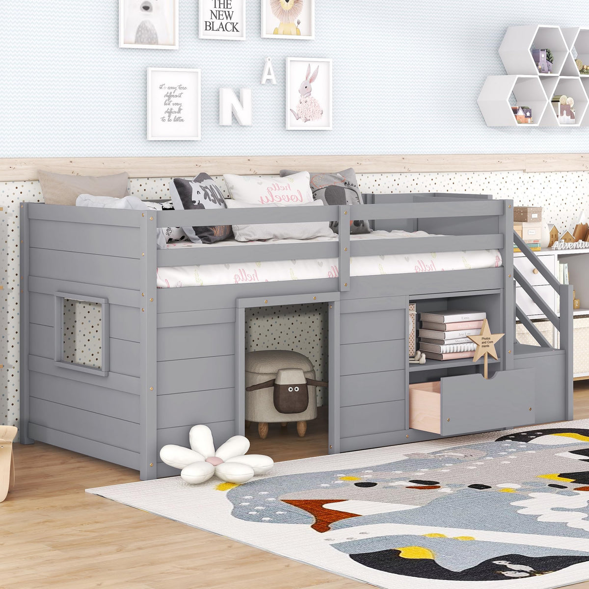 Twin Size Wood Loft Bed with Storage V886