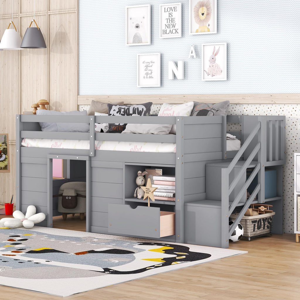 Twin Size Wood Loft Bed with Storage V886