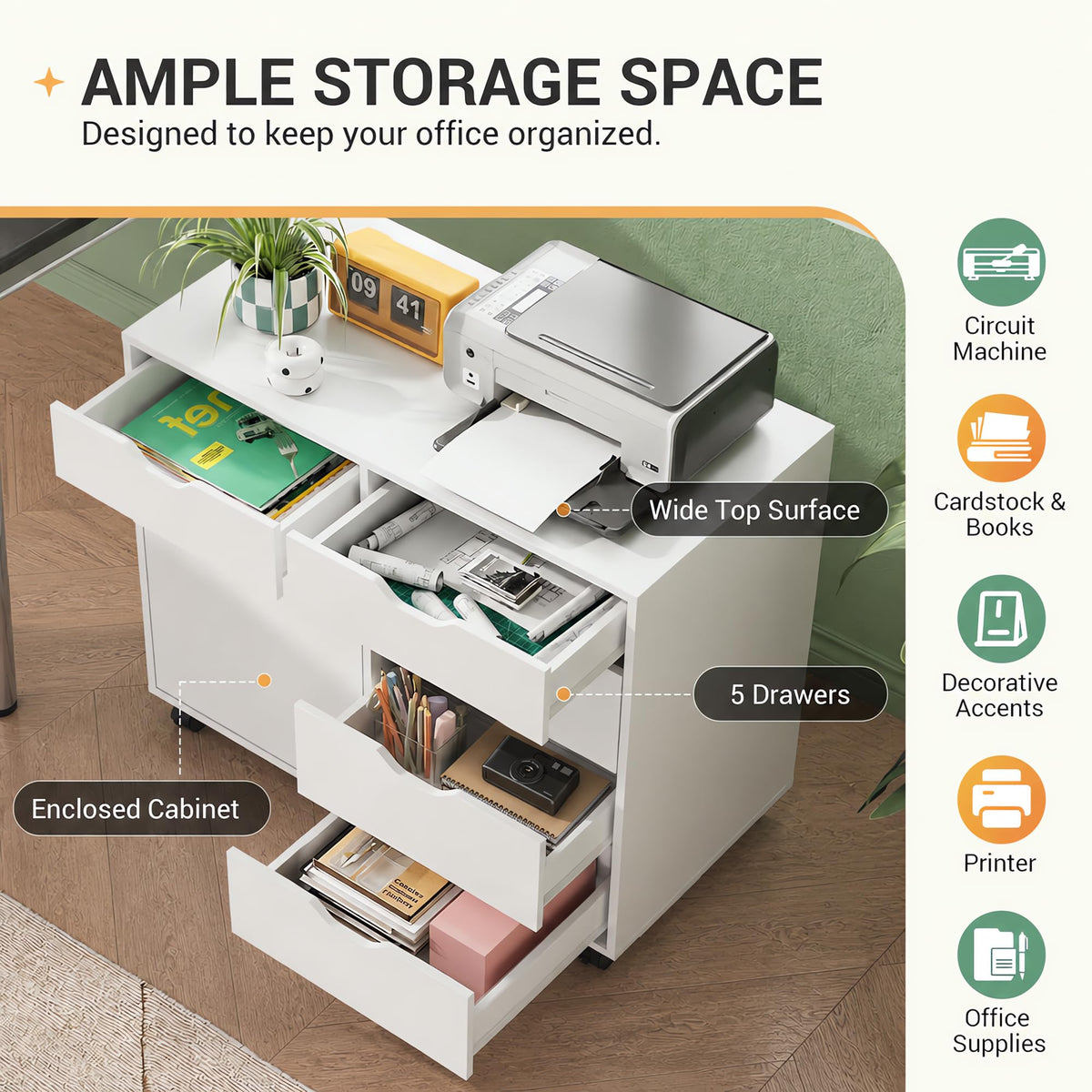 White 5 Drawer Wood Office Cabinet A322039