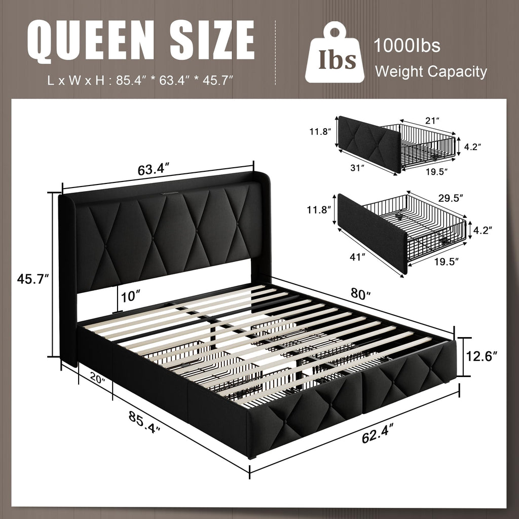 Queen Bed Frame with 4 Storage Drawers and Charging Station N51051