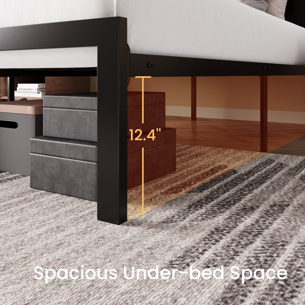 Twin Size Metal Bed Frame with Linen Tufted Headboard D4971