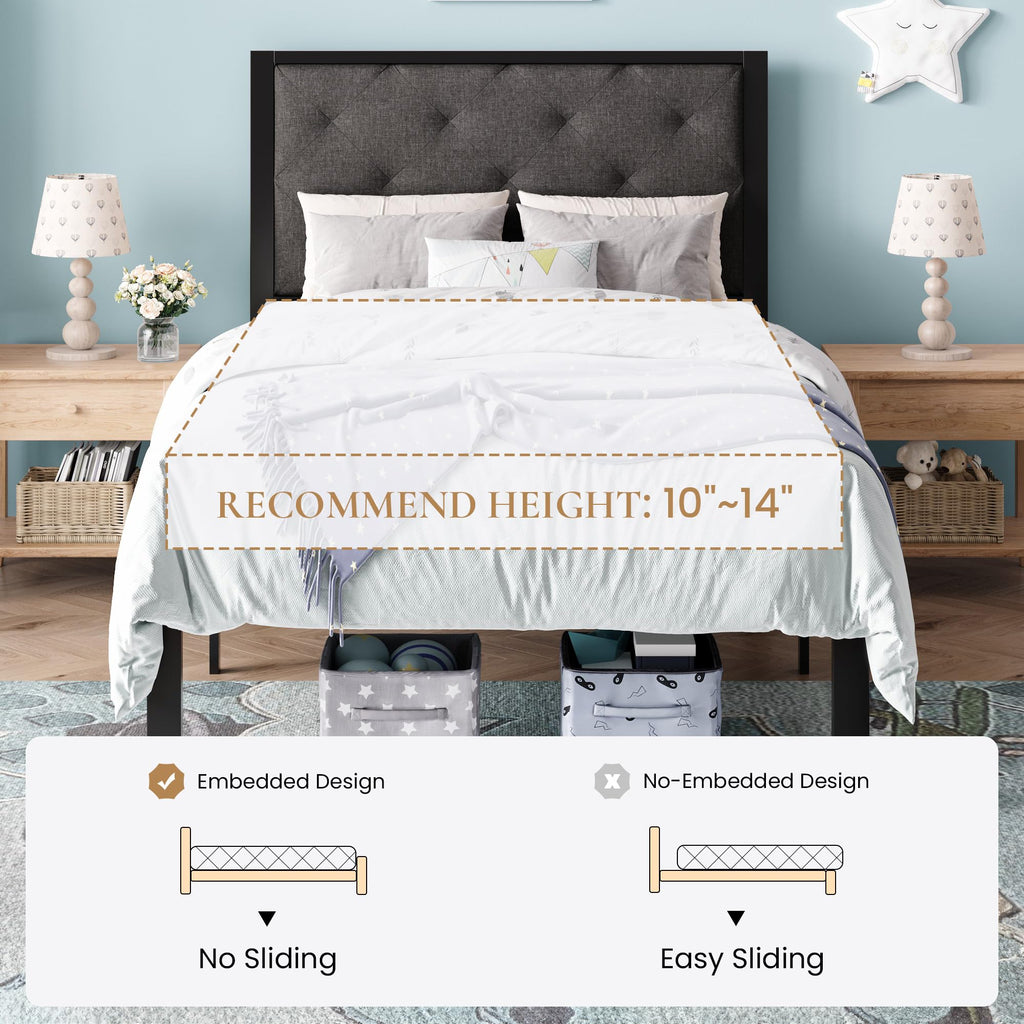 Twin Size Metal Bed Frame with Linen Tufted Headboard D4971
