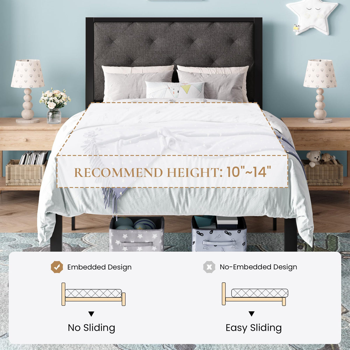 Twin Size Metal Bed Frame with Linen Tufted Headboard D4971