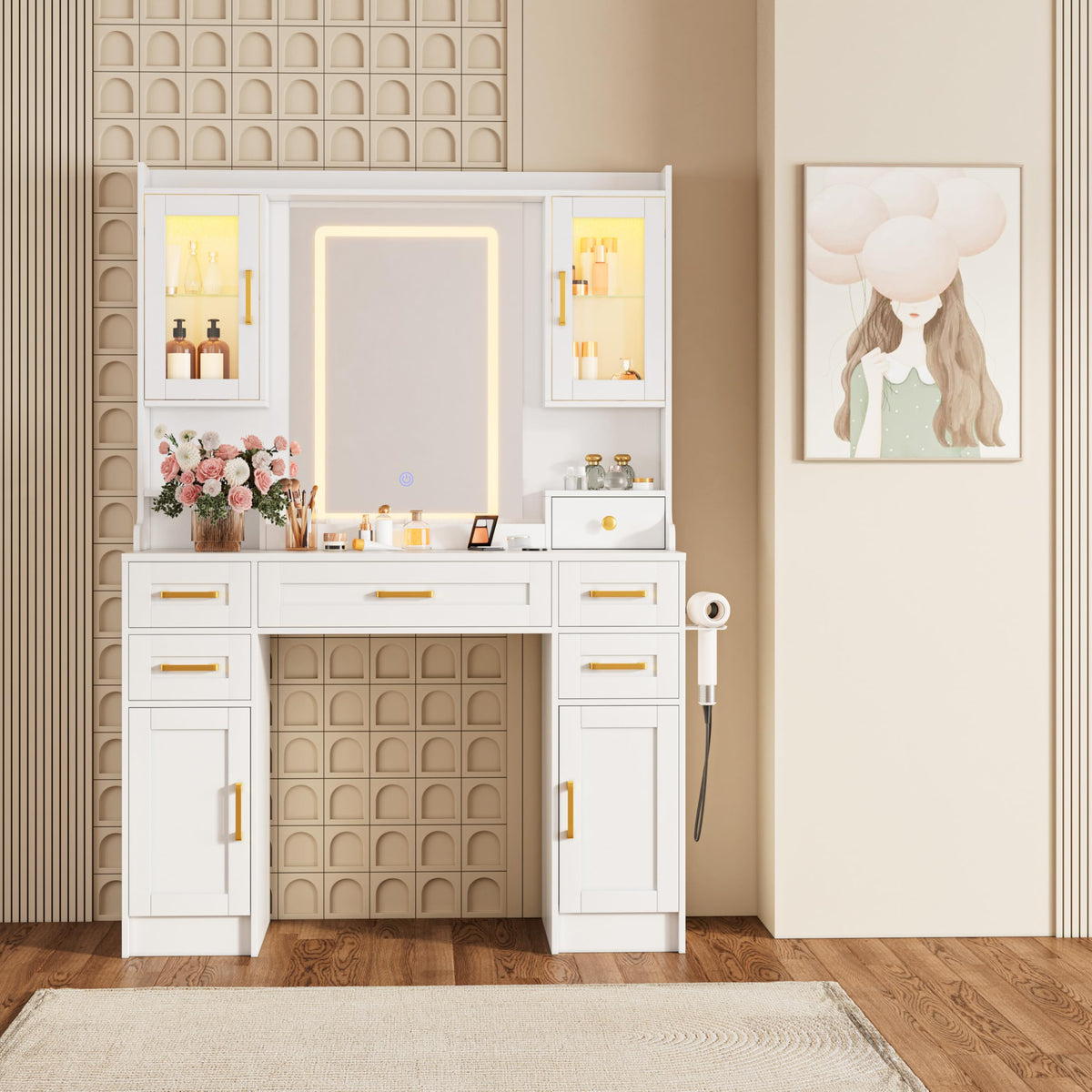 White Vanity Desk with Mirror, LED Lights and Power Outlet Y190405