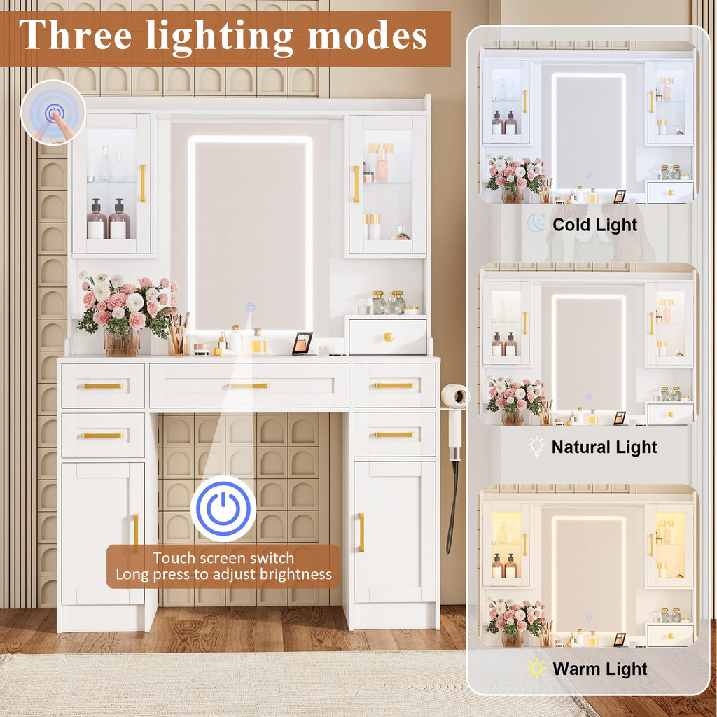 White Vanity Desk with Mirror, LED Lights and Power Outlet Y190405