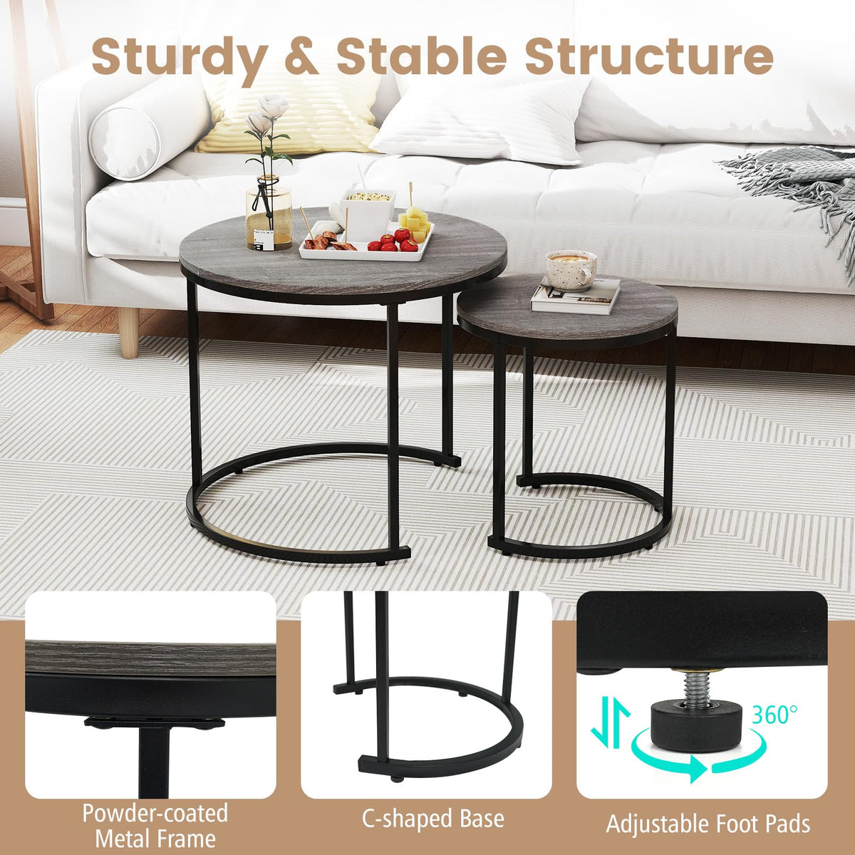 Round Nesting Coffee Table Set of 2 Grey Oak R83526