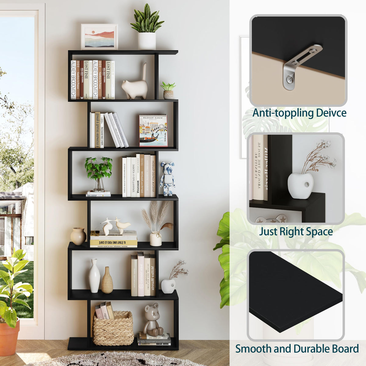 6-Tier Geometric S Shaped Wood Bookshelf H291
