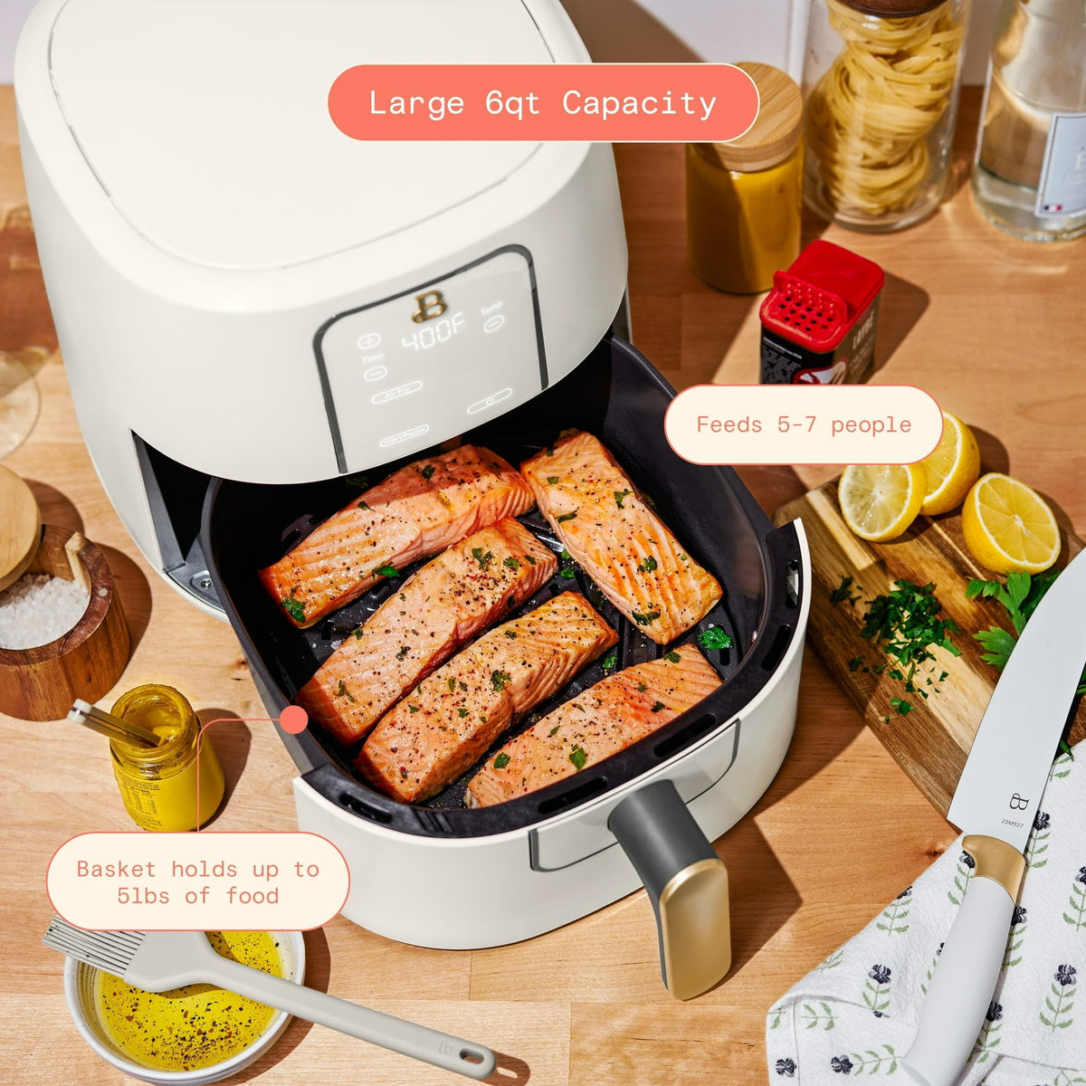 6 Quart Air Fryer with Touch-Activated Display, 4-in-1 Countertop Air Fryer 1750W, Nonstick Dishwasher Safe, White Icing E596892