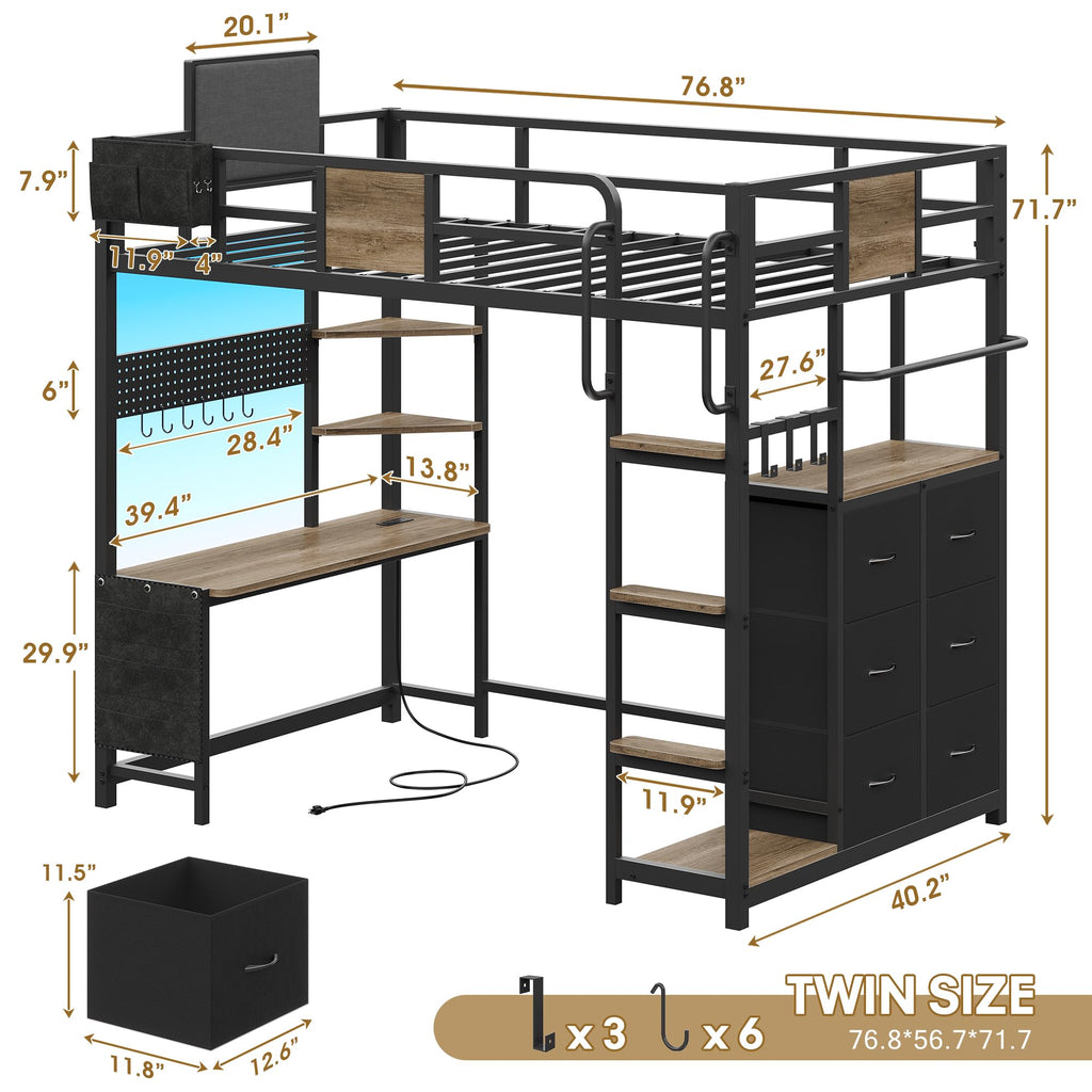 Twin Loft Bed with Desk and 6 Storage Drawers H880969