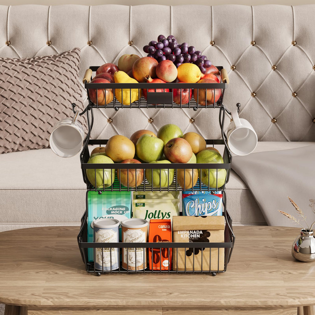Black 3 Tier Metal Fruit Basket with Wooden Handle R1771