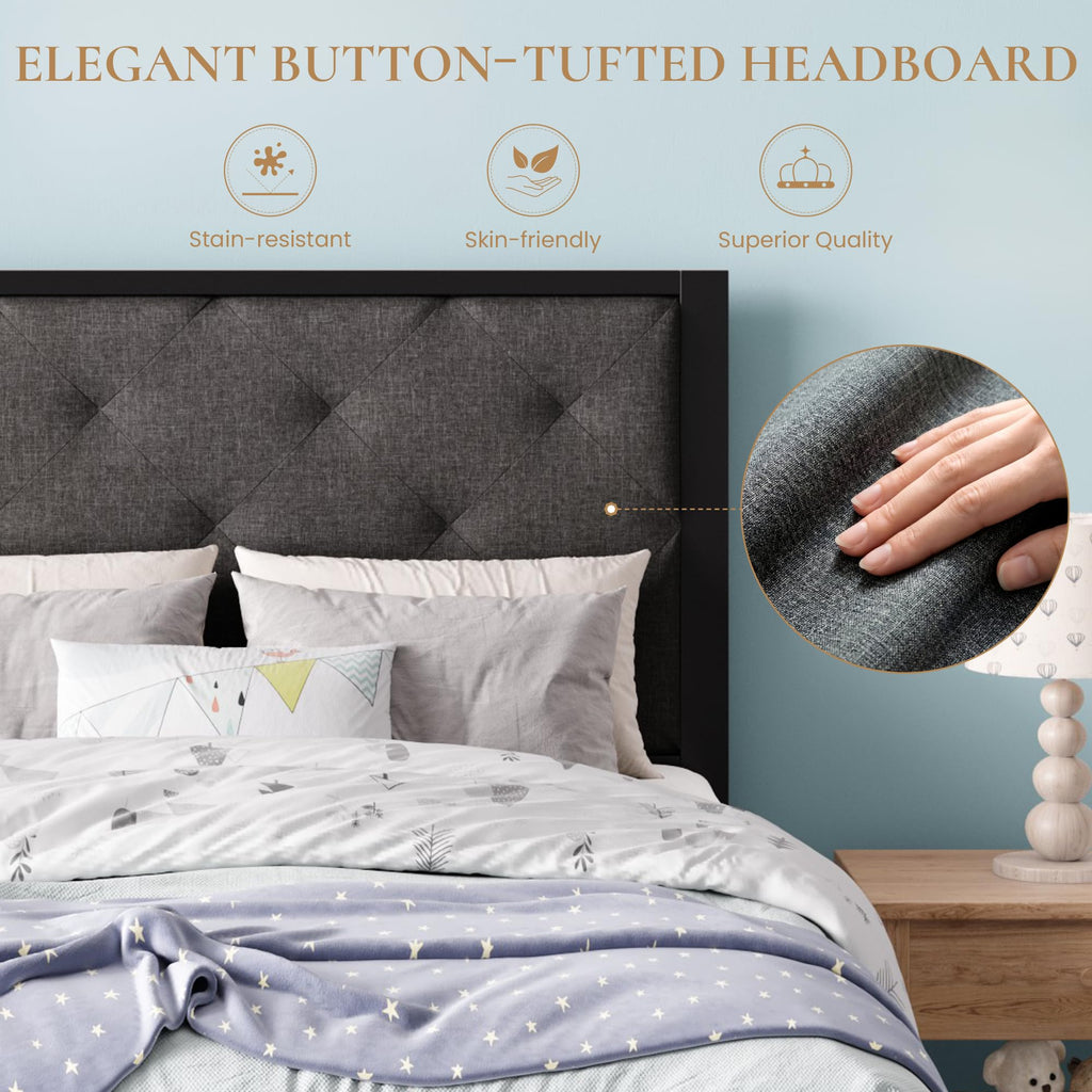 Twin Size Metal Bed Frame with Linen Tufted Headboard D4971