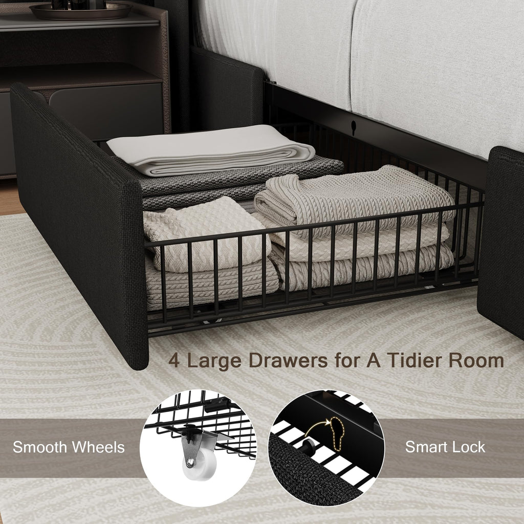 Queen Bed Frame with 4 Storage Drawers and Charging Station N51051