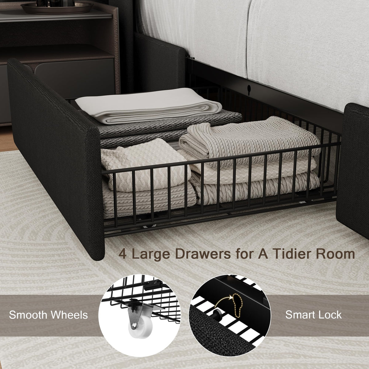 Queen Bed Frame with 4 Storage Drawers and Charging Station N51051