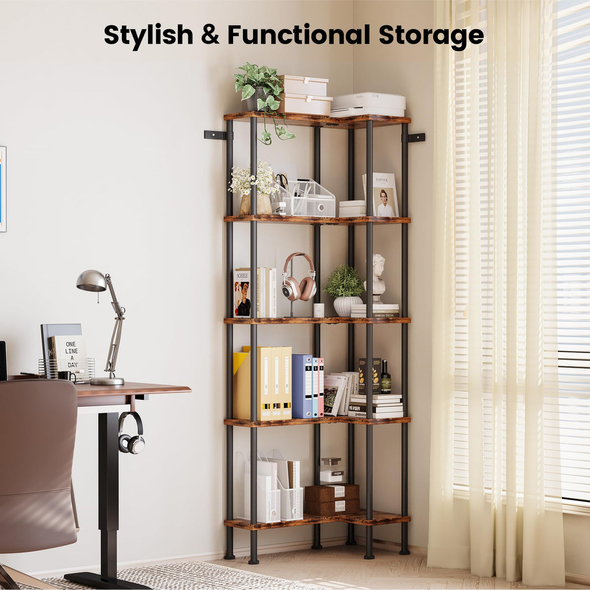 L-Shaped 5-Tier Rustic Brown Bookshelf R16497