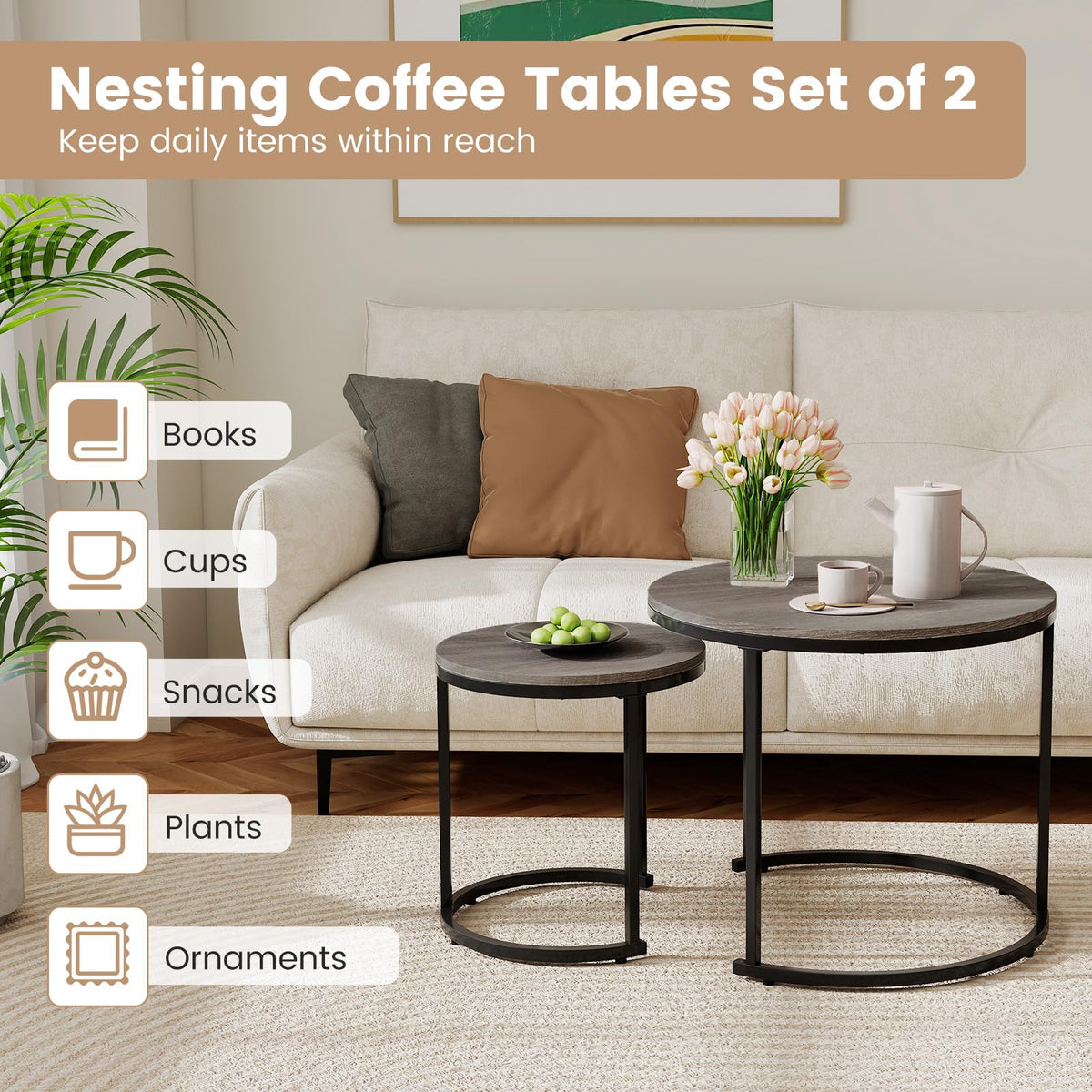 Round Nesting Coffee Table Set of 2 Grey Oak R83526