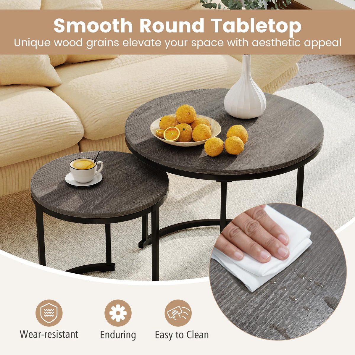 Round Nesting Coffee Table Set of 2 Grey Oak R83526