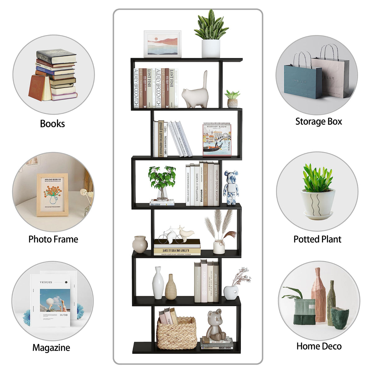6-Tier Geometric S Shaped Wood Bookshelf H291