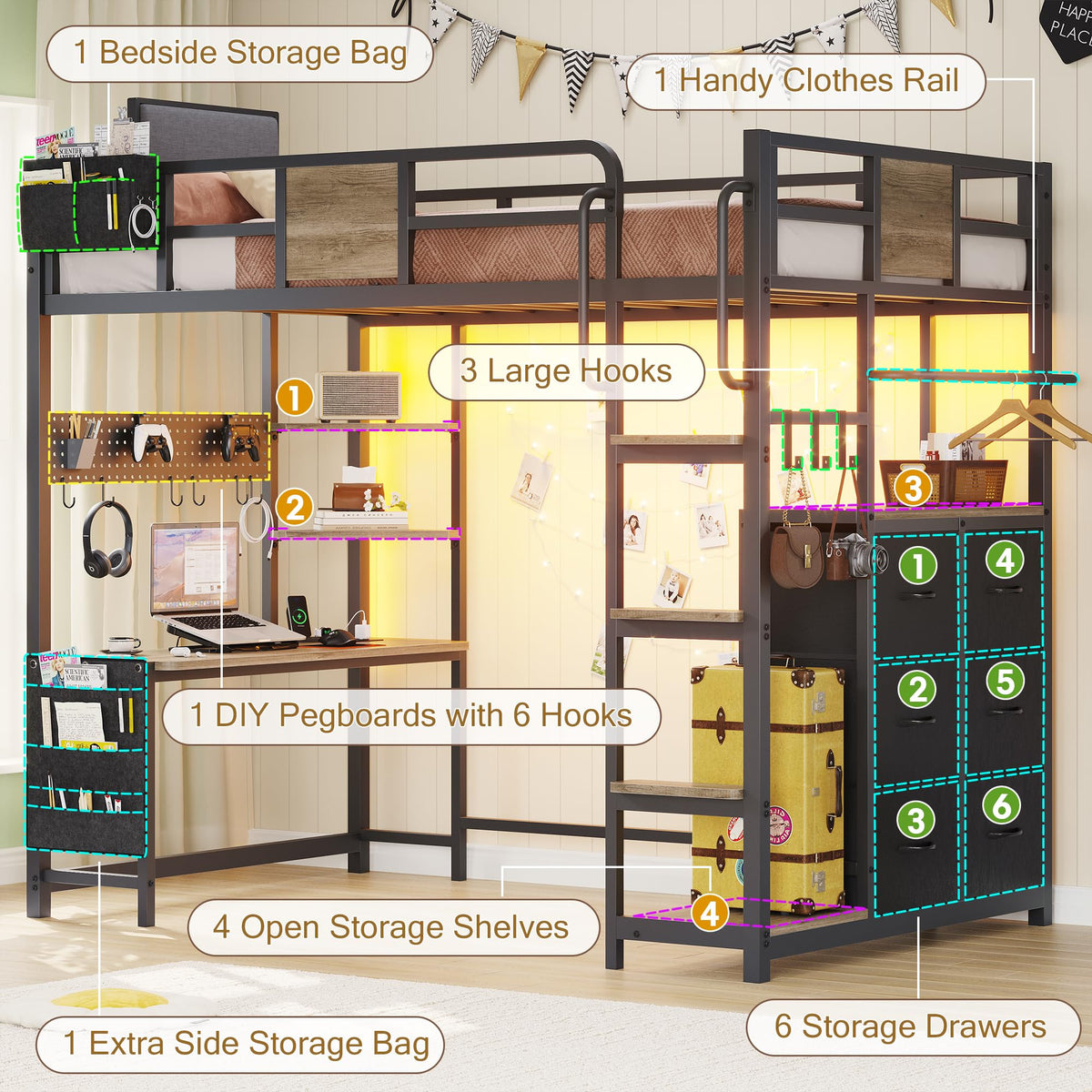 Twin Loft Bed with Desk and 6 Storage Drawers H880969