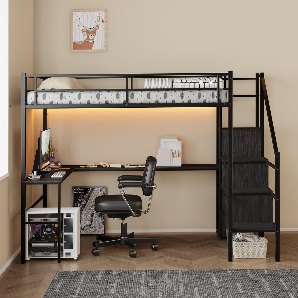 Full Size Metal Loft Bed with Desk & Storage Staircase S253