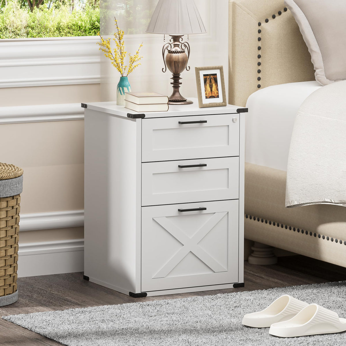 Small Wood File Cabinet with Charging Station and Lock, 3 Drawers R71530