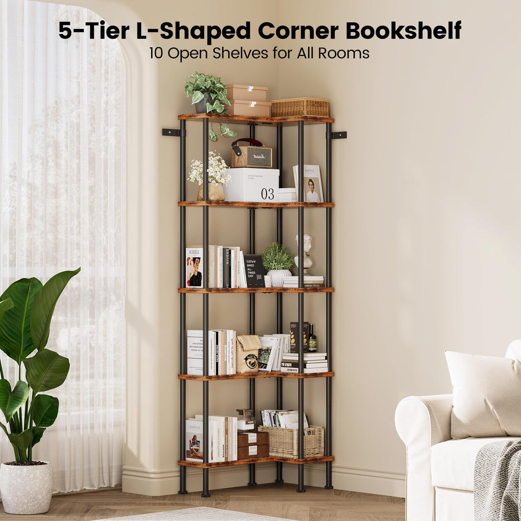 L-Shaped 5-Tier Rustic Brown Bookshelf R16497